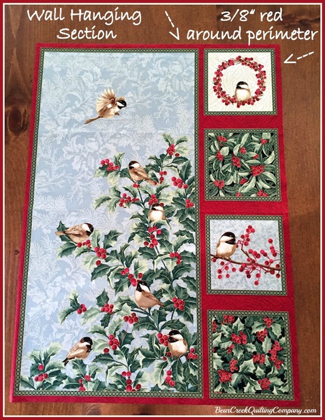 Cotton Quilted Free Shipping Lovely Chickadee Table Topper in Cranberry and Olive Green in Christmas prints 34L by 14 1/2 W Hand made