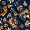 QT Fabrics Rule the Roost Tossed Roosters & Flowers Dark Navy
