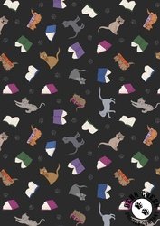 Lewis and Irene Fabrics Purrfect Book Club Scattered Cats and Books on Dark