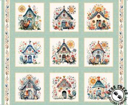 QT Fabrics Poultry in Motion Chicken Coop Picture Patches Sage