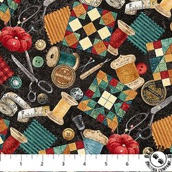 Northcott Stonehenge Stitchin' Sewing Stuff Black/Multi