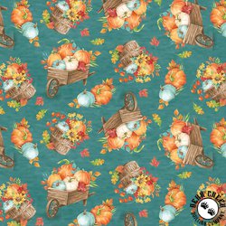 Blank Quilting Autumn Blessings Autumn Wheelbarrows and Cornucopias Teal