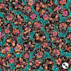 QT Fabrics Fluttering Garden Butterfly Medallions Dk. Turquoise QT Fabrics Fluttering Garden Butterfly Medallions Dk. Turquoise