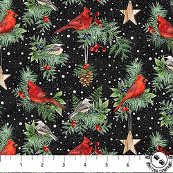 Northcott Winter Song Birds Black/Multi