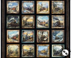 QT Fabrics Steam & Steel Train Picture Patches Panel Black QT Fabrics Steam & Steel Train Picture Patches Panel Black