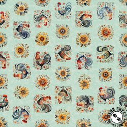 QT Fabrics Poultry in Motion Roosters and Sunflowers Sage