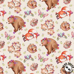 Studio E Fabric In The Thicket Tossed Woodland Animals Dark Pink