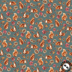 Studio E Fabrics Foliage and Fur Coats Squirrels Teal