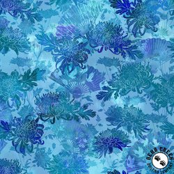 In The Beginning Fabrics Oriental Gardens Fans and Mums Blue