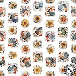 QT Fabrics Poultry in Motion Roosters and Sunflowers White QT Fabrics Poultry in Motion Roosters and Sunflowers White