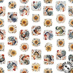 QT Fabrics Poultry in Motion Roosters and Sunflowers White