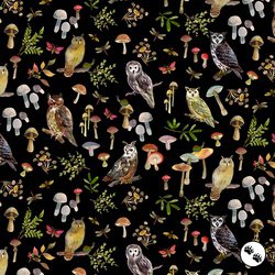 Clothworks Wild Wonder Owls and Mushrooms Black