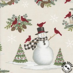 Moda Winter Friends Snowman and Cardinal Allover Snowy White