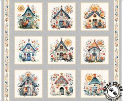 QT Fabrics Poultry in Motion Chicken Coop Picture Patches Gray