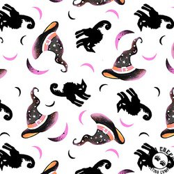 Blank Quilting Ghostly Greetings Witches Hats with Black Cats White Blank Quilting Ghostly Greetings Witches Hats with Black Cats White