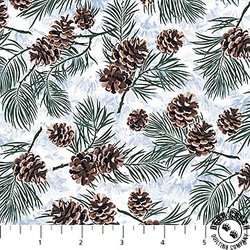 Northcott Winter Jays Flannel Pine Cones Pale Blue