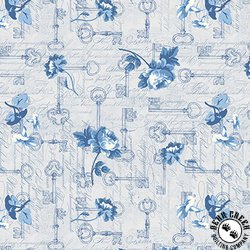 Blank Quilting English Blue and White Flowers with Keys Light Gray