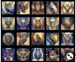 QT Fabrics Mystic Owls Patches Panel Black