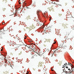 Hoffman Fabrics Berries and Birch Tossed Cardinals Ice/Silver