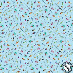 Michael Miller Fabrics Welcome to Our Lake Fly Fishing Light Blue