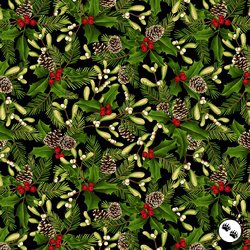 Studio E Fabrics Tis The Season Holly and Mistletoe Black