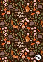 Lewis and Irene Fabrics Snuggle-up Season Flannel Squirrels and Hedgehogs on Dark Brown